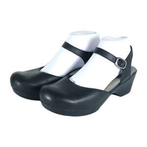 Dansko Women's Sam US8,5 EU39 Black Leather Ankle Strap Mary Jane Clog Shoes